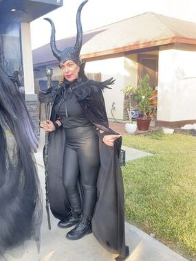 Black Maleficent-Style Woman’s Costume Cape, Feathers and with Horned Headpiece